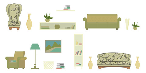 living room isolated objects with sofa armchair shelves picture books flat vector illustration