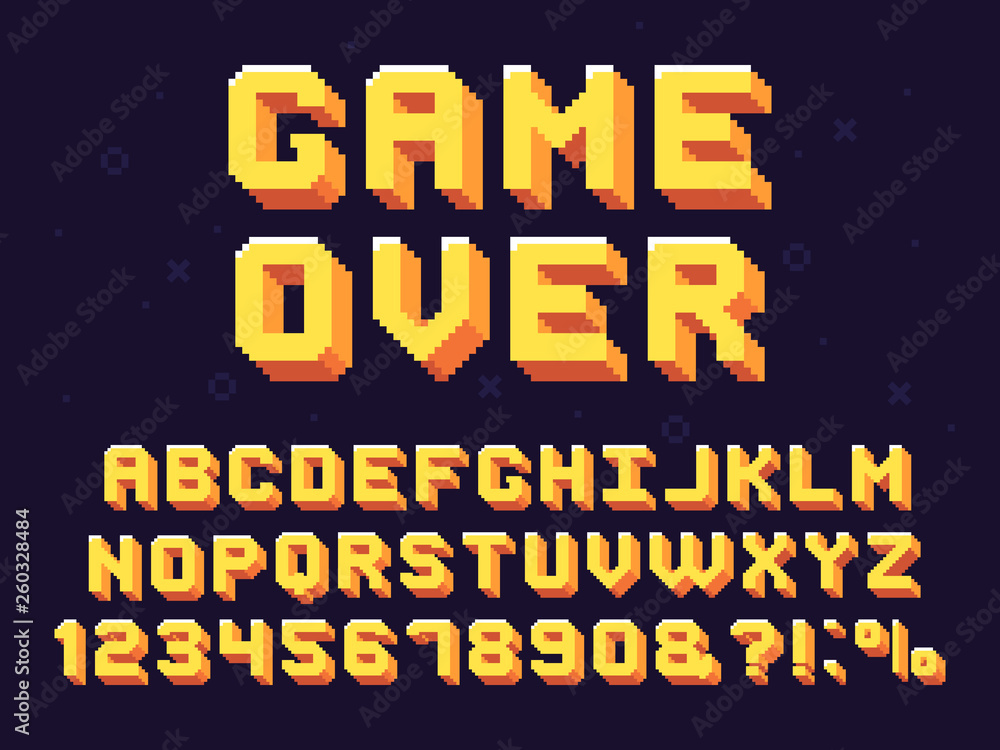 Fototapete pixel game font. retro games text, 90s gaming alphabet and 8 bit computer graphic letters vector set
