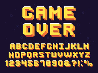 Pixel game font. Retro games text, 90s gaming alphabet and 8 bit computer graphic letters vector set - obrazy, fototapety, plakaty
