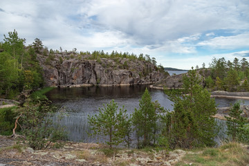 lake Ladoga. Republic Of Karelia, Russia.Archipelago type of coast. Landscape on Ladoga. Rocky shores of lake. Ecologically clean nature.