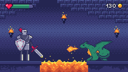 Pixel art game level. Hero warrior fights 8 bit dragon, pixels video games levels scene landscape and retro gaming vector illustration © Tartila