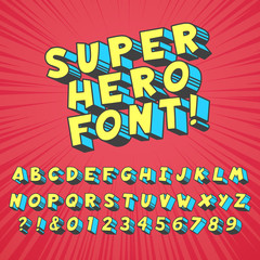Super hero comics font. Comic graphic typography, funny supers heros alphabet and creative fonts letters symbol vector set - obrazy, fototapety, plakaty