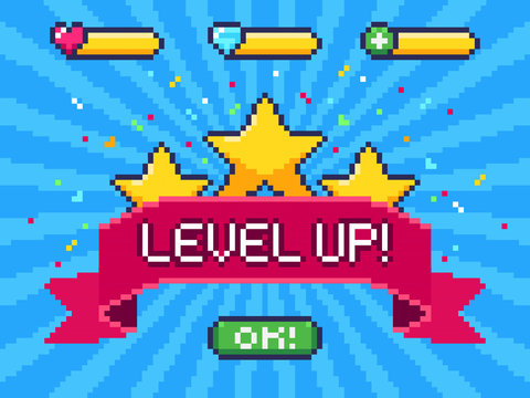 Level Up screen. Pixel video game achievement, pixels 8 bit games ui and gaming level progress vector illustration