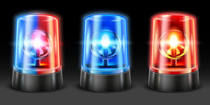 Realistic ambulance flashing. Police light flasher, safety lights and warning siren flashing lamps. Emergency light 3D vector set