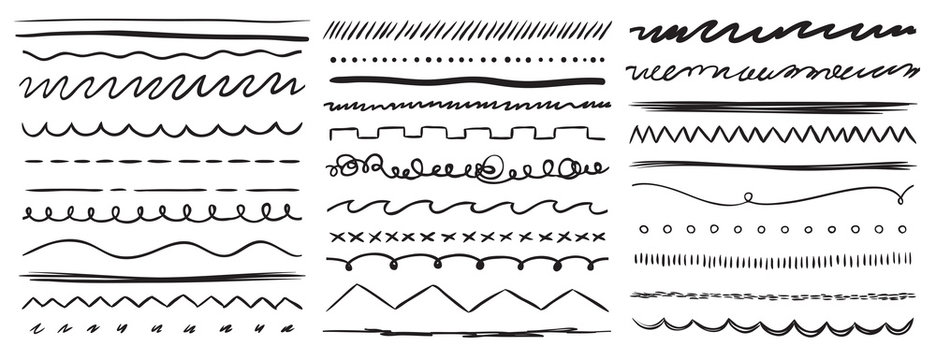 Hand drawn lines. Marker line divider, handmade pencil strokes brush and drawing dividers vector elements set