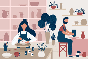 Pottery hobby. Handcrafted earthenware, people decorating pots and handicraft pottery workshop flat vector illustration - obrazy, fototapety, plakaty