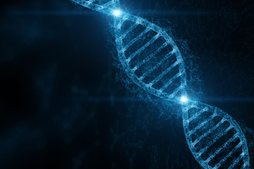 Abstract blue colored shiny dna molecule on futuristic digital illustration background. - obrazy, fototapety, plakaty