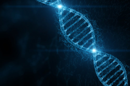 Abstract blue colored shiny dna molecule on futuristic digital illustration background.