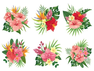 Fotobehang Tropische Bladeren Tropical flowers bouquet. Exotic palm leaves, floral tropic bouquets and tropicals wedding invitation vector illustration set  © Tartila