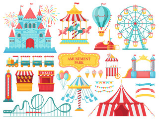 Amusement park attractions. Carnival kids carousel, ferris wheel attraction and amusing fairground entertainments vector illustration - obrazy, fototapety, plakaty
