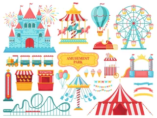 Foto op Plexiglas Amusement park attractions. Carnival kids carousel, ferris wheel attraction and amusing fairground entertainments vector illustration © Tartila