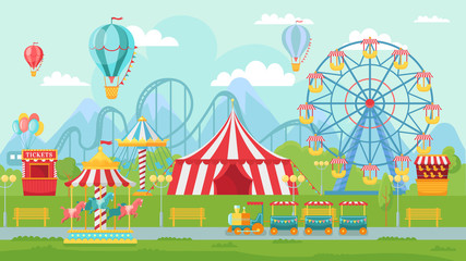 Amusing park festival. Amusement attractions landscape, kids carousel and ferris wheel attraction vector illustration