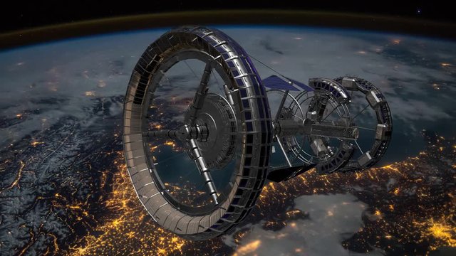 Sci Fi International Space Station ISS spaceship revolving over earths atmosphere. Space Station Orbiting Earth. 3D Animation. Elements of this video furnished by NASA.