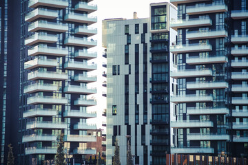 MILAN, ITALY - FEBRUARY 12, 2019: Modern buildings facade frontal view.  Porta Nuova district, in...