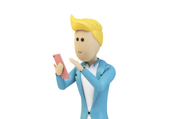 male cartoon character using smartphone