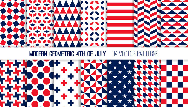 Patriotic Red White Blue Modern Geometric Vector Patterns. Bold Prints for 4th of July Party Decor. Independence Day Holiday Backgrounds. Repeating Pattern Tile Swatches Included
