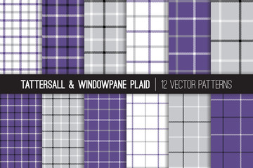 Violet, Gray, Black and White Tattersall & Windowpane Plaid Vector Patterns. Men's Fashion Fabric. Father's Day Background. Small to Large Scale Check Textile Prints. Pattern Tile Swatches Included