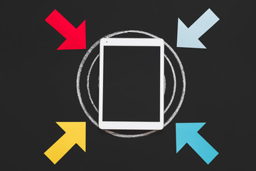 Technology and innovation in business planning and growth. Succeed with device. Arrows pointing at...