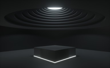 3d render,black abstract background, showcase platform mockup, white ceiling light, empty dark room, square stand, podium