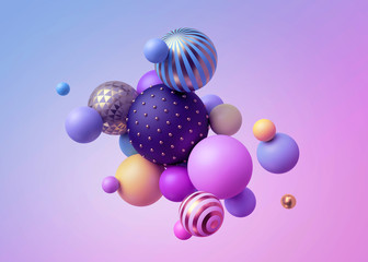 3d render, abstract pastel balls, pink blue balloons, geometric background, multicolored primitive shapes, minimalistic design, pastel colors palette, party decoration, plastic toys, isolated elements