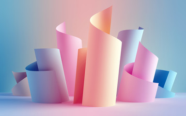 Fototapeta 3d render, paper ribbon rolls, abstract shapes, fashion background, swirl, pastel neon scrolls, curl, spiral, cylinder obraz