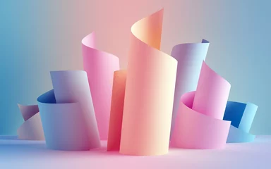 3d render, paper ribbon rolls, abstract shapes, fashion background, swirl, pastel neon scrolls, curl, spiral, cylinder