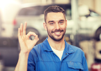 car service, repair, maintenance and people concept - happy smiling auto mechanic man or smith...