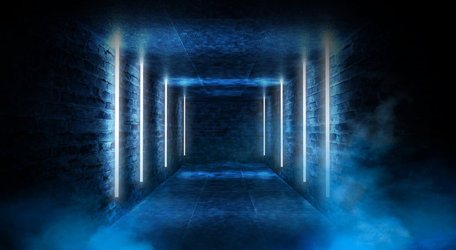 Abstract tunnel, corridor with rays of blue light and neon highlights. Abstract blue background, neon. Empty dark room with rays and lines. Brick walls, concrete floor. Night view. 3D illustration.