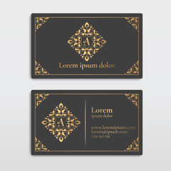 Black and gold luxury business card design. Vector ornament template. Vintage classic elements. Can be used for wallpaper and background. Great for invitation and decoration.