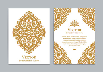 Gold and white luxury invitation card design. Vintage ornament template. Can be used for background and wallpaper. Elegant and classic vector elements great for decoration.
