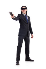 Young man with black face mask on white