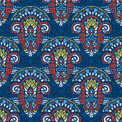 Geometric, hand drawn seamless pattern in ethnic style. Tribal, folk traditional motifs. Aztec, Peruvian, Mayan, Mexican, Native American.