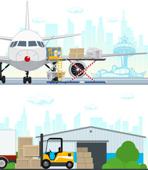 Set of Air Cargo and Storage Services, Airplane with Autoloader at the Airport , Warehouse, Yellow Forklift Unloads Boxes from a Covered Truck, Shipping and Freight of Goods, Vector Illustration