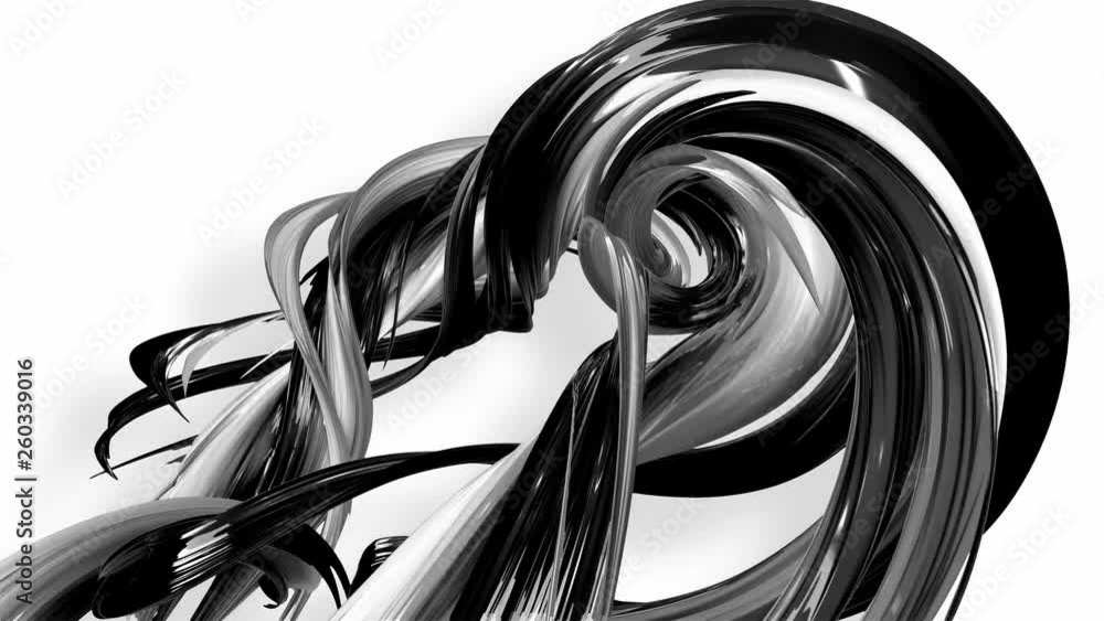 Poster 3d looped animation of abstract black-white ribbons twisting and move around with glitter in the lig