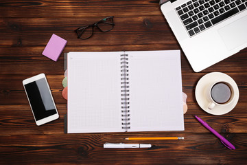 Office desk table with supplies. Flat lay Business workplace and objects. Top view. Copy space for text