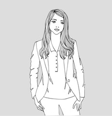 young office girl, isolated on grey, vector hand drawn illustration, pretty fashionable woman, line sketch, girl dressed in a jacket and skirt, casual style