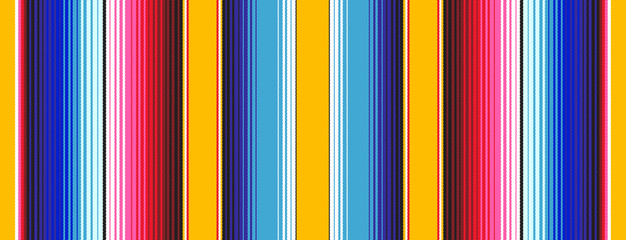Yellow Blue Pink Red Mexican Blanket Serape Stripes Seamless Vector Pattern. Rug Texture with Threads. Background for Cinco de MayoDecor or Mexican Food Restaurant Menu. Pattern Tile Swatch Included
