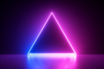 3d render, blue pink neon triangular frame, triangle shape, empty space, ultraviolet light, 80's retro style, fashion show stage, abstract background