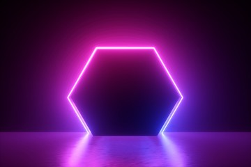 3d render, blue pink neon hexagonal frame, hexagon shape, empty space, ultraviolet light, 80's...