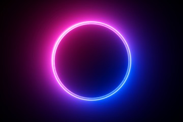3d render, blue pink neon round frame, circle, ring shape, empty space, ultraviolet light, 80's retro style, fashion show stage, abstract background