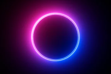 Fotobehang 3d render, blue pink neon round frame, circle, ring shape, empty space, ultraviolet light, 80's retro style, fashion show stage, abstract background © wacomka