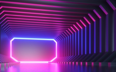 3d render, abstract neon background, corridor, tunnel, virtual reality screen, ultraviolet spectrum, laser show, fashion podium, club stage, floor reflection