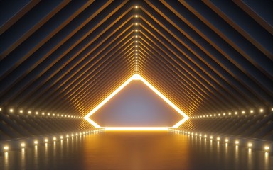 3d render, abstract background, corridor, tunnel, virtual reality space, yellow neon lights, fashion podium, club interior, empty warehouse, floor reflection