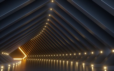 3d render, abstract background, corridor, tunnel, virtual reality space, yellow neon lights,...
