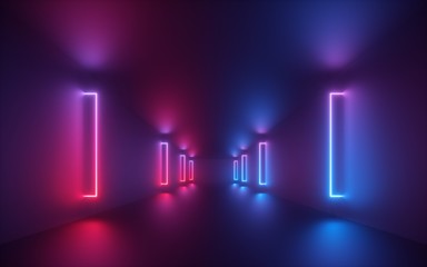 3D render, rood blauw neonlicht, verlichte gang, tunnel, lege ruimte, ultraviolet licht, 80& 39 s retro-stijl, modeshow podium, abstracte achtergrond