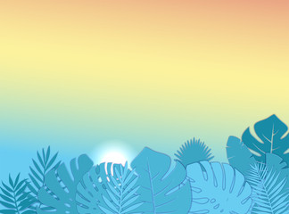 Obraz premium Relaxed tropical view in Summer time with monstera palm leaves. Morning Sunrise. 3D Layered Paper Cut Exotic craft banner. Papercut layout for presentation, article and header. Vector illustration