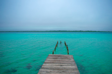 Bacalar Lake Lagoon in Mexico. Crystal Clear Blue and Green Water. 
