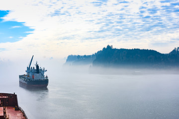 Morning fog over Columbia river, Oregon