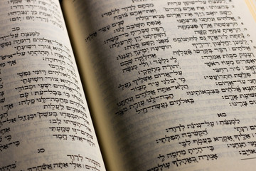 Open hebrew Bible, isolated on black background, with side lighting - obrazy, fototapety, plakaty