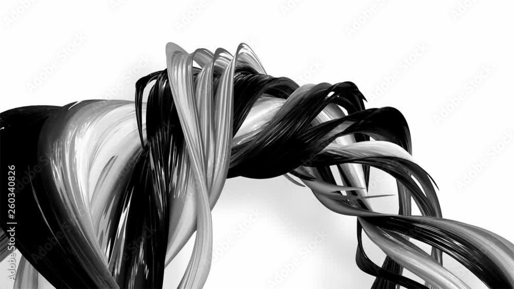 Poster 3d looped animation of abstract black-white ribbons twisting and move around with glitter in the lig